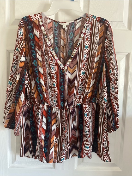 Cato Tops - Boho-Striped Peplum Tunic Top in Brown & Teal